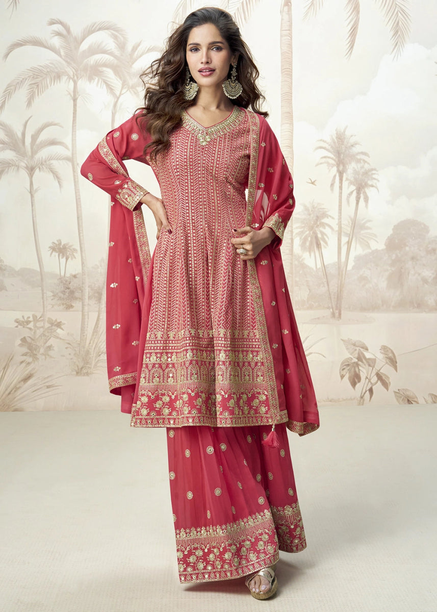 Persian Red Georgette Palazzo Suit for Women with Embroidery Work - House of Sarvati LLC