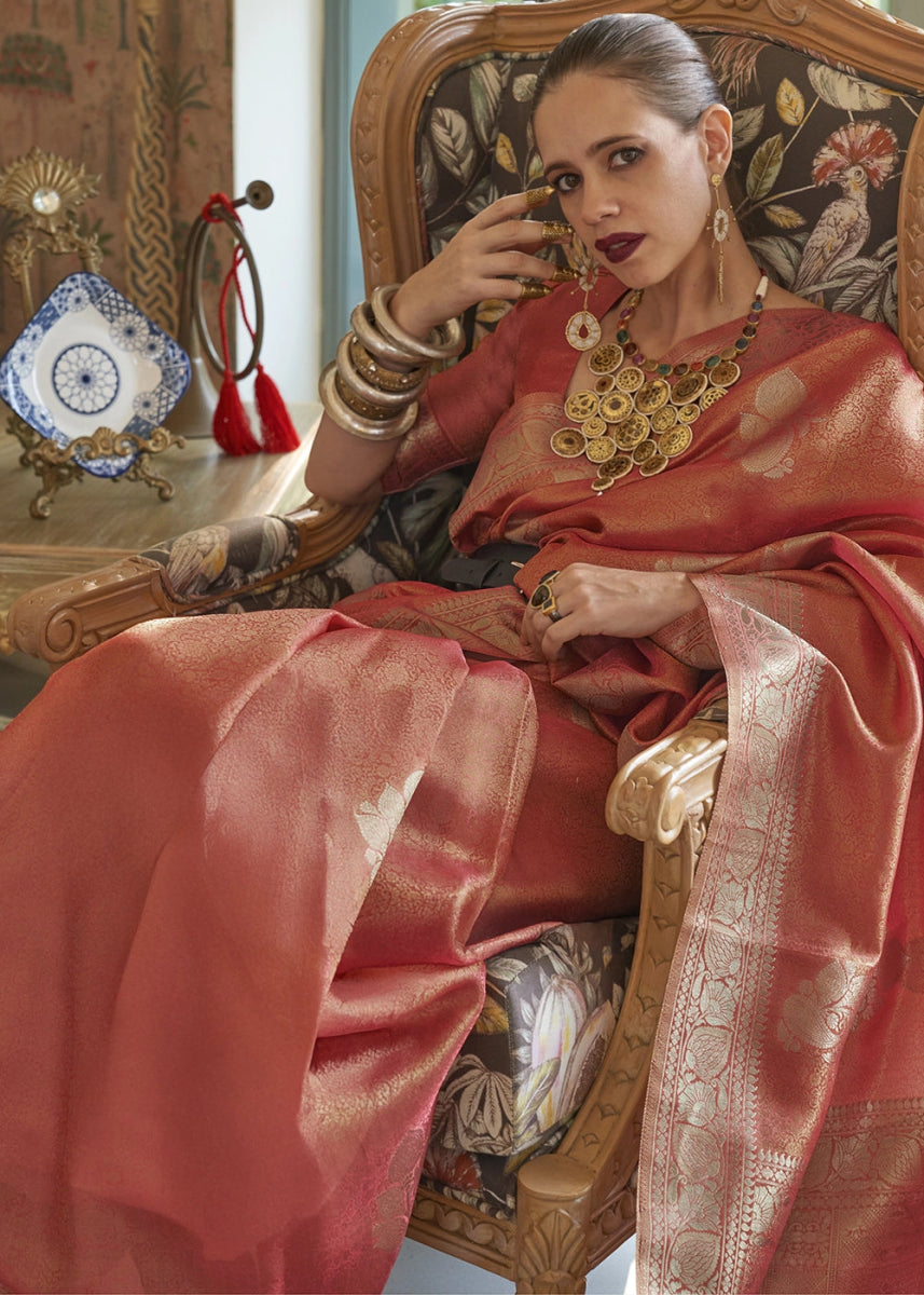 Persian Red Handwoven Tissue Silk Saree with Zari Accents - House of Sarvati LLC