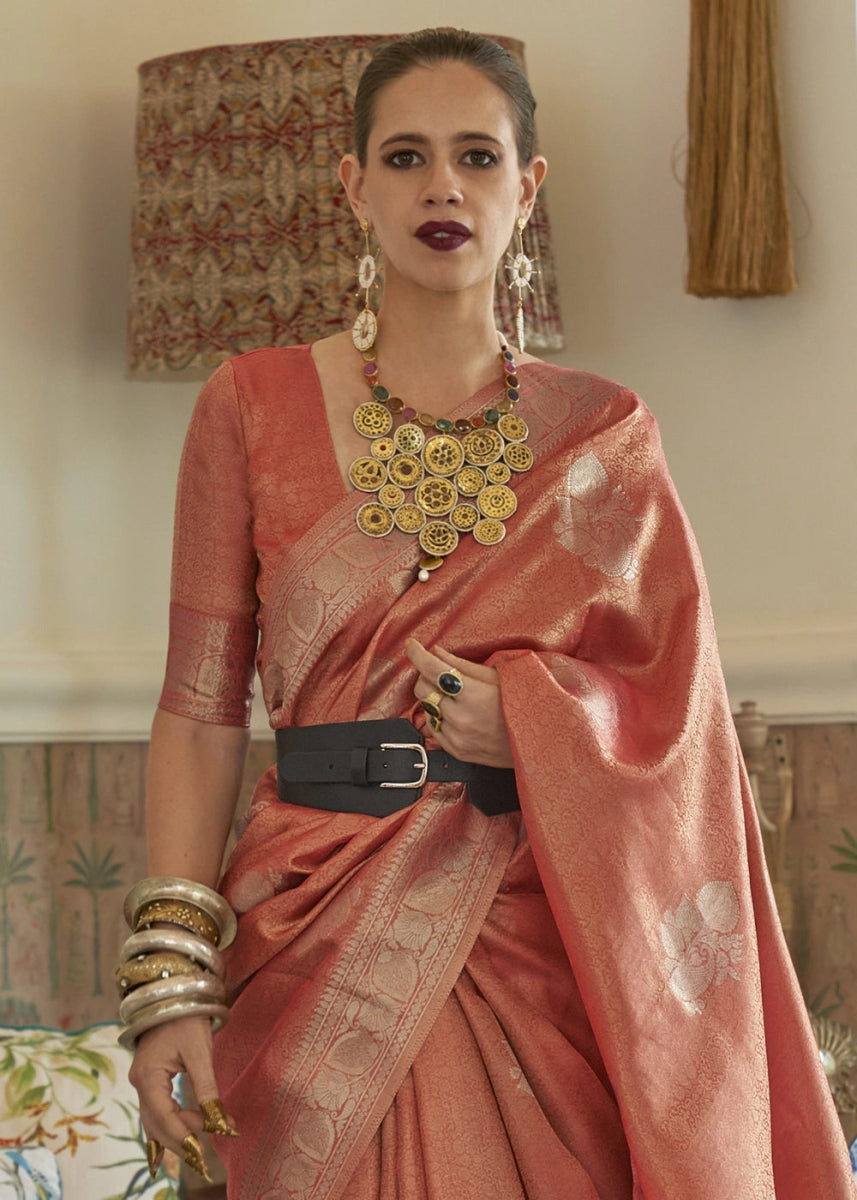 Persian Red Handwoven Tissue Silk Saree with Zari Accents - House of Sarvati LLC