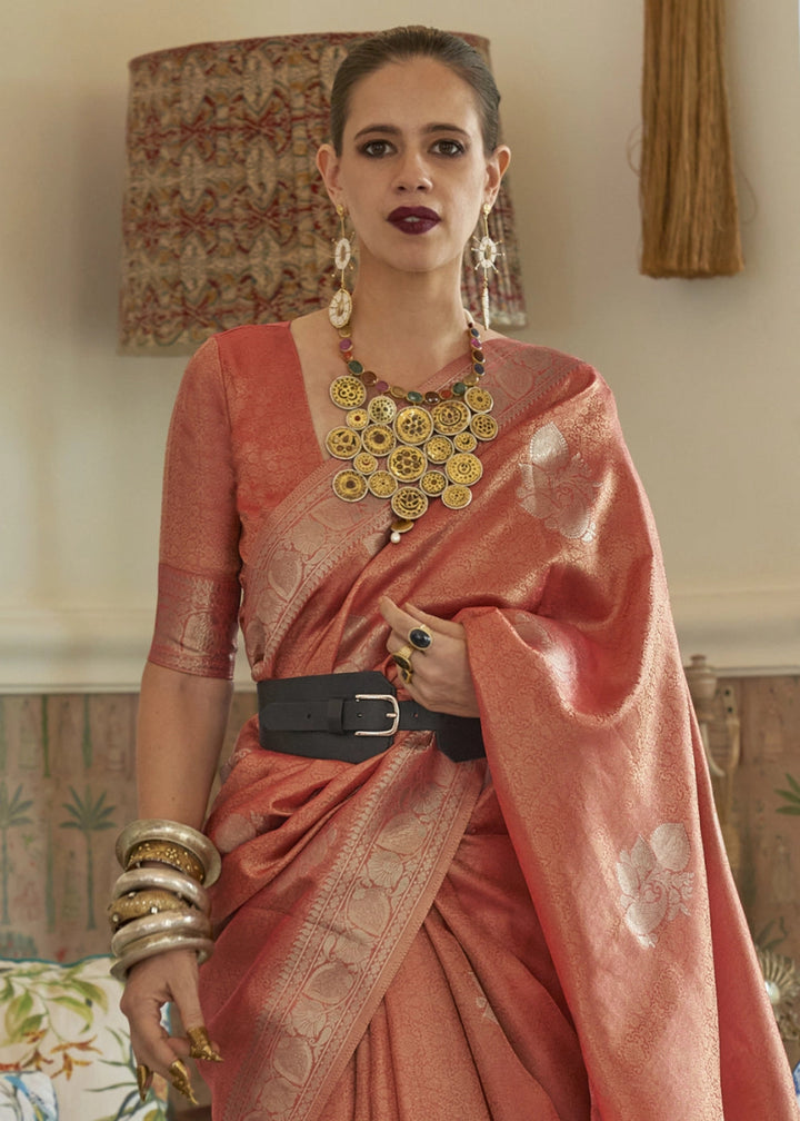 Persian Red Handwoven Tissue Silk Saree with Zari Accents - House of Sarvati LLC