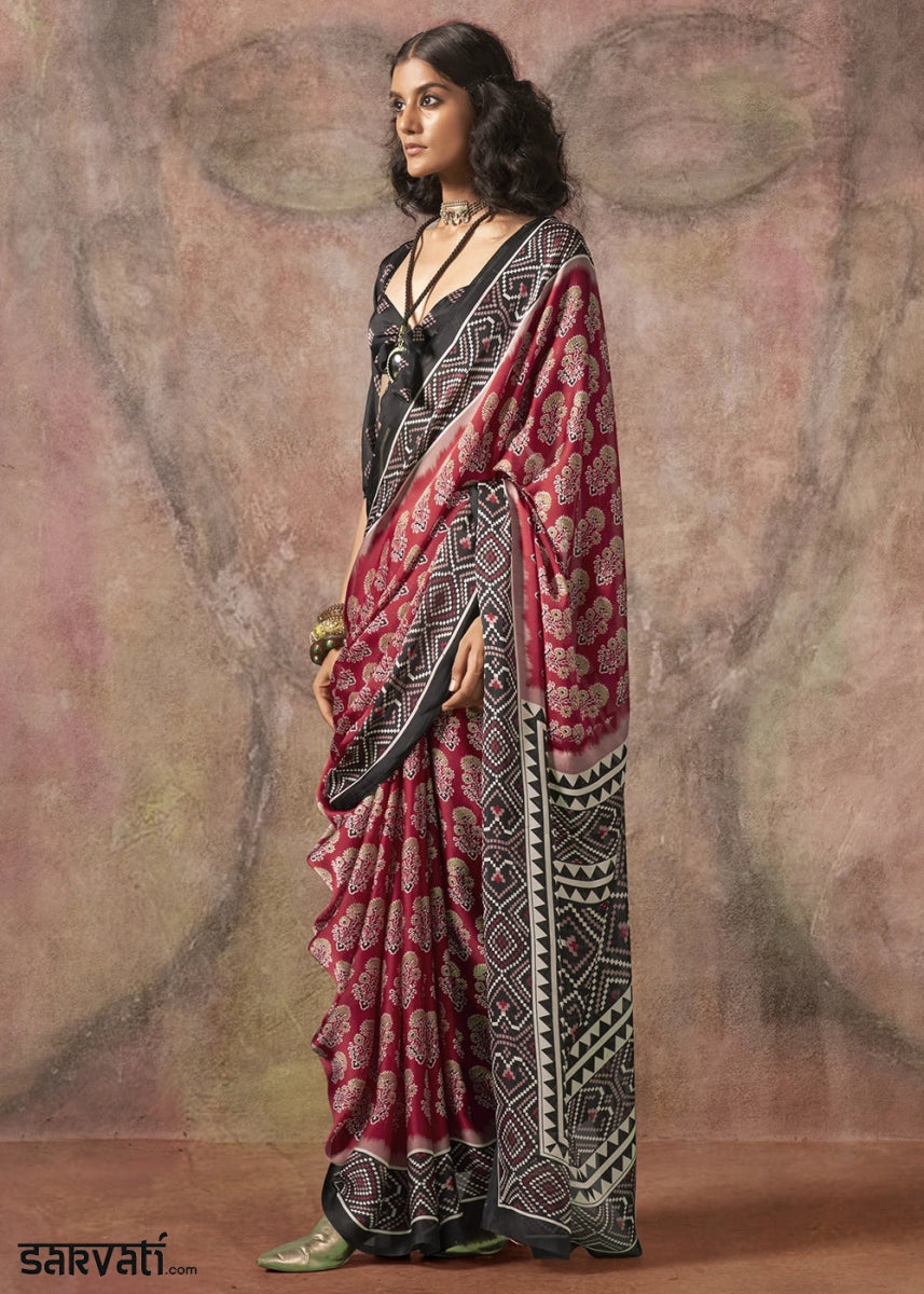 Persian Red Printed Satin Georgette Saree with Ajrakh & Bandhani Patterns - House of Sarvati LLC