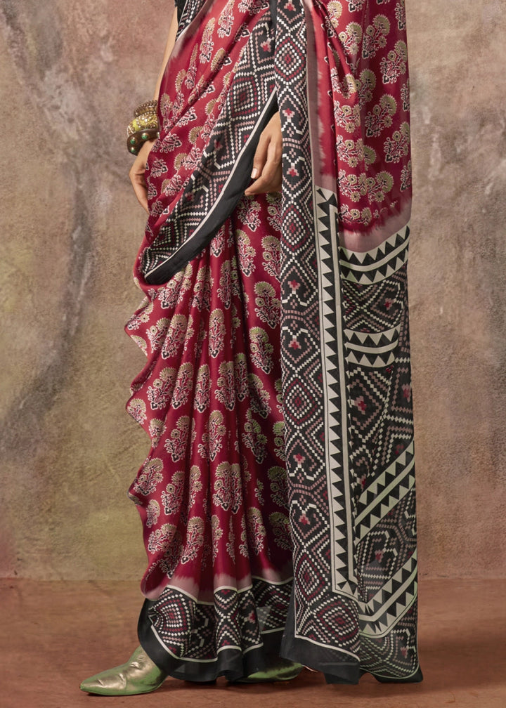 Persian Red Printed Satin Georgette Saree with Ajrakh & Bandhani Patterns - House of Sarvati LLC