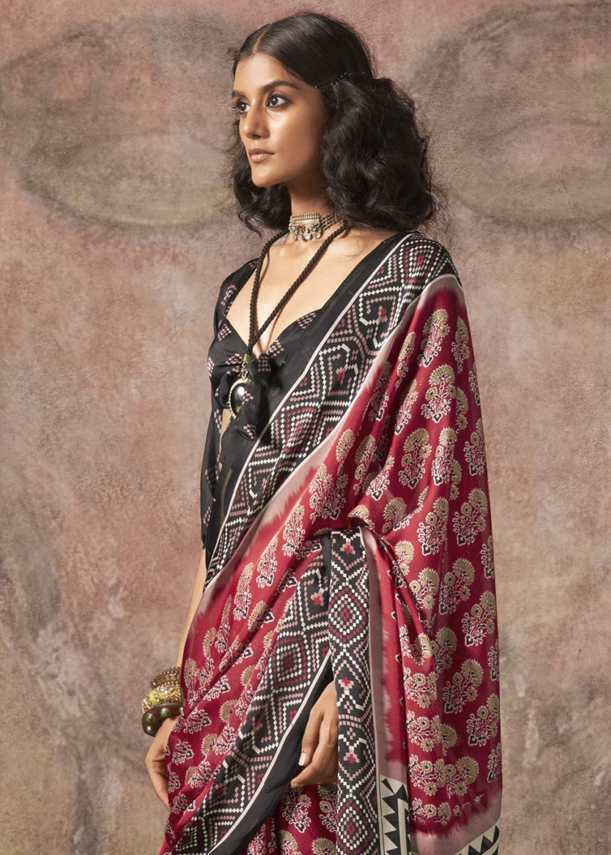 Persian Red Printed Satin Georgette Saree with Ajrakh & Bandhani Patterns - House of Sarvati LLC