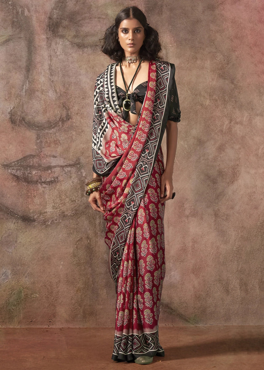 Persian Red Printed Satin Georgette Saree with Ajrakh & Bandhani Patterns - House of Sarvati LLC