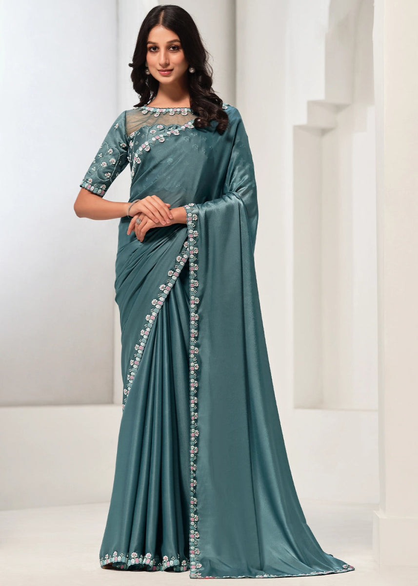 Pewter Blue Grey Crepe Satin Silk Saree with Glamorous Sequin Detailing - House of Sarvati LLC