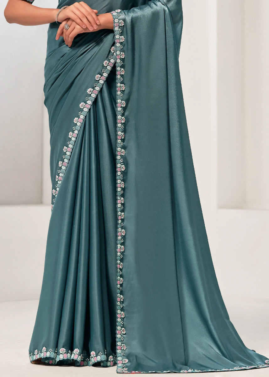 Pewter Blue Grey Crepe Satin Silk Saree with Glamorous Sequin Detailing - House of Sarvati LLC