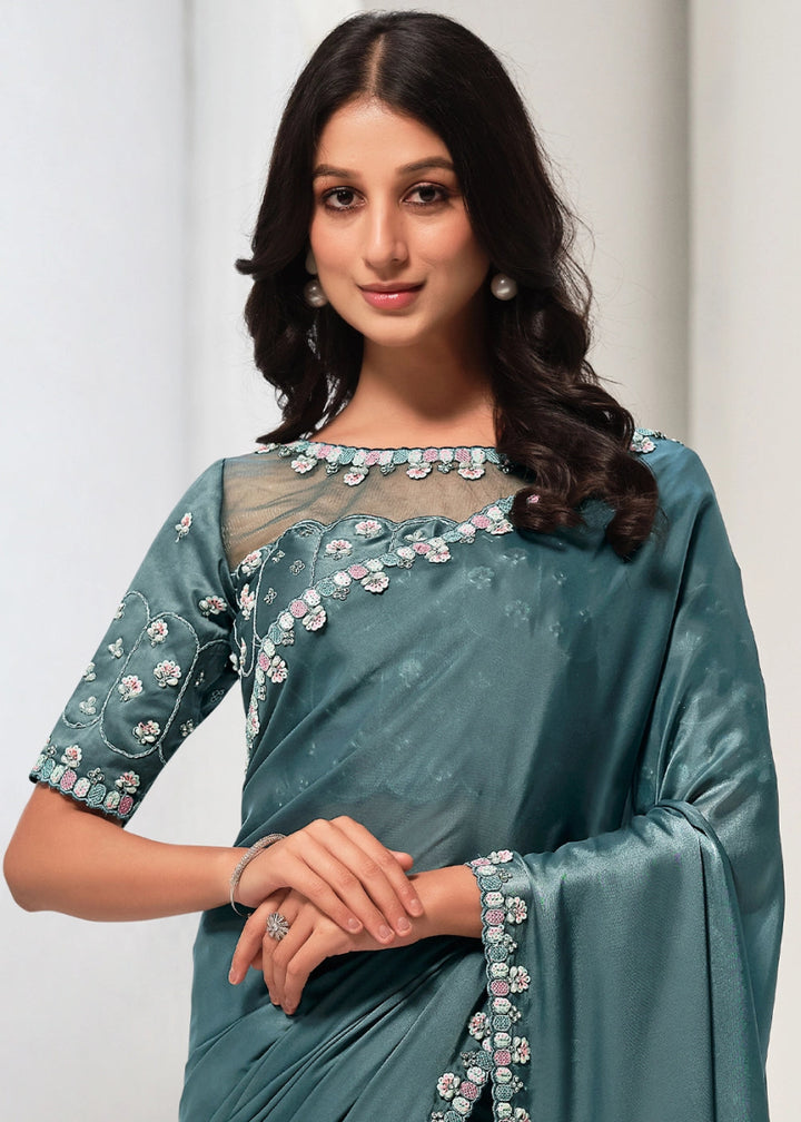Pewter Blue Grey Crepe Satin Silk Saree with Glamorous Sequin Detailing - House of Sarvati LLC