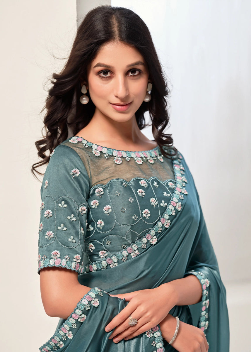 Pewter Blue Grey Crepe Satin Silk Saree with Glamorous Sequin Detailing - House of Sarvati LLC