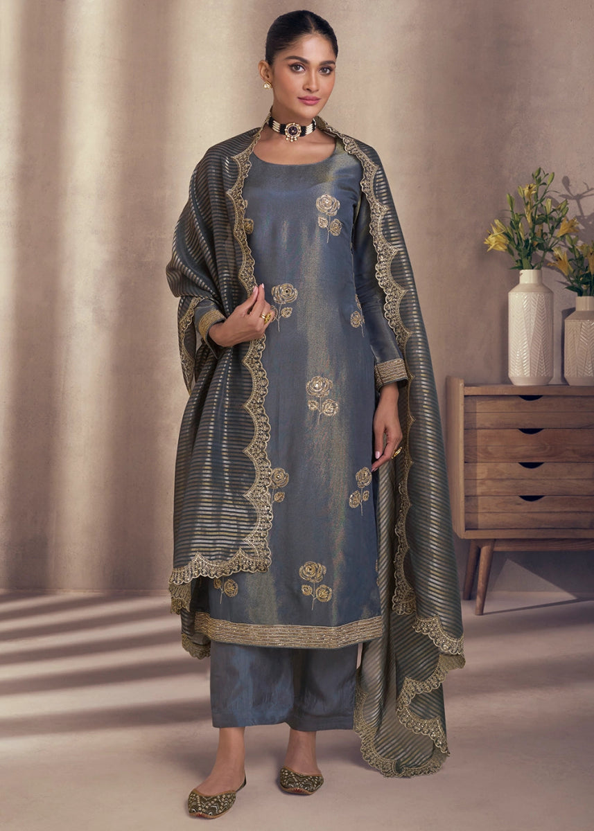 Pewter Grey Simar Silk Suit with Exquisite Embroidery - House of Sarvati LLC
