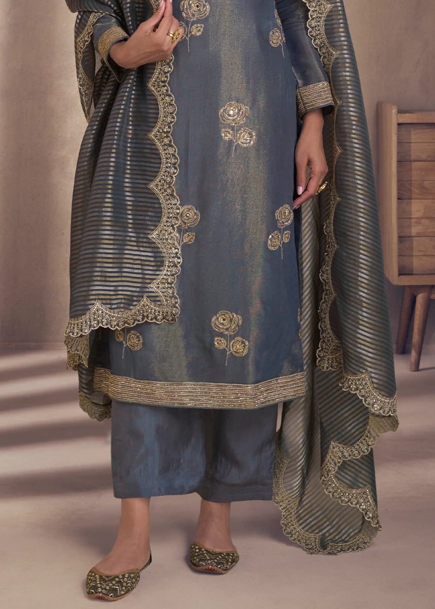 Pewter Grey Simar Silk Suit with Exquisite Embroidery - House of Sarvati LLC