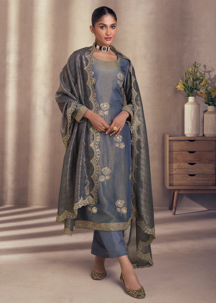 Pewter Grey Simar Silk Suit with Exquisite Embroidery - House of Sarvati LLC