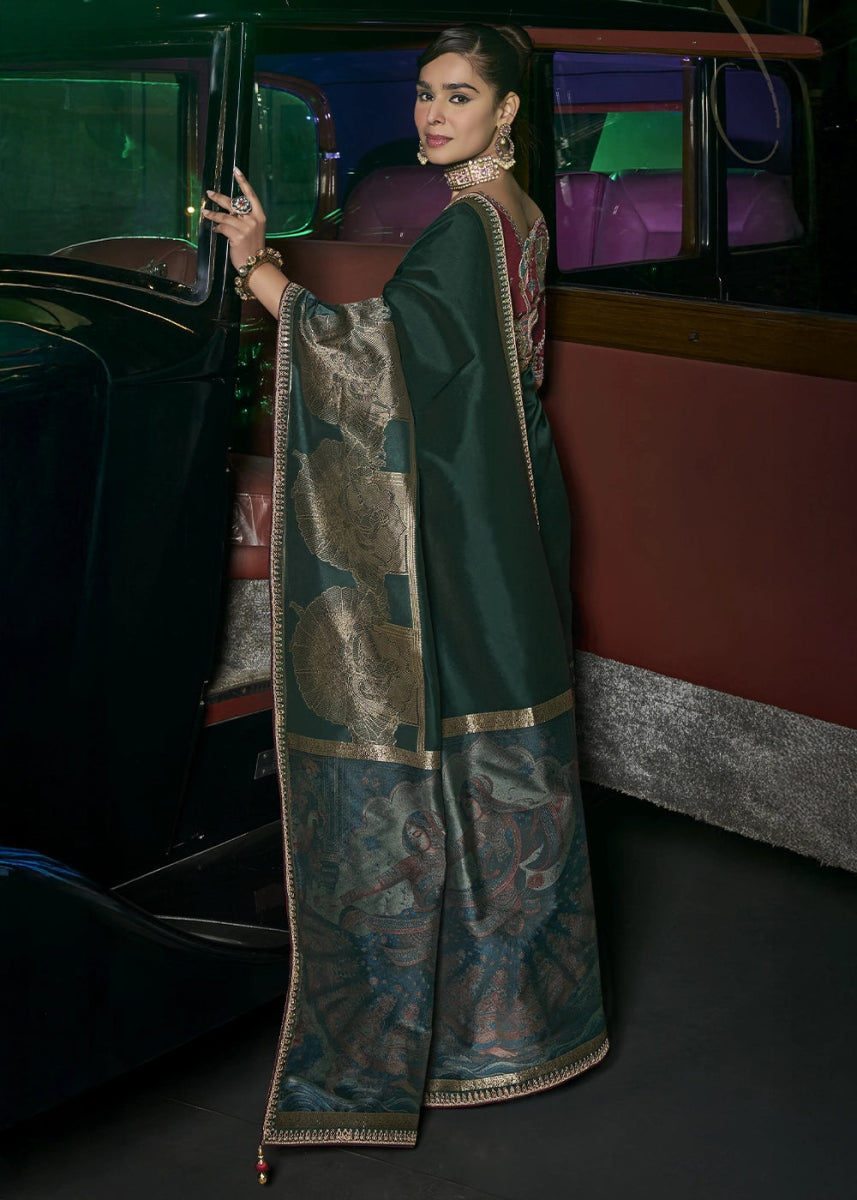 Phathalo Green Banarasi Silk Saree with Artistic Woven Pallu & Embellished Blouse - House of Sarvati LLC