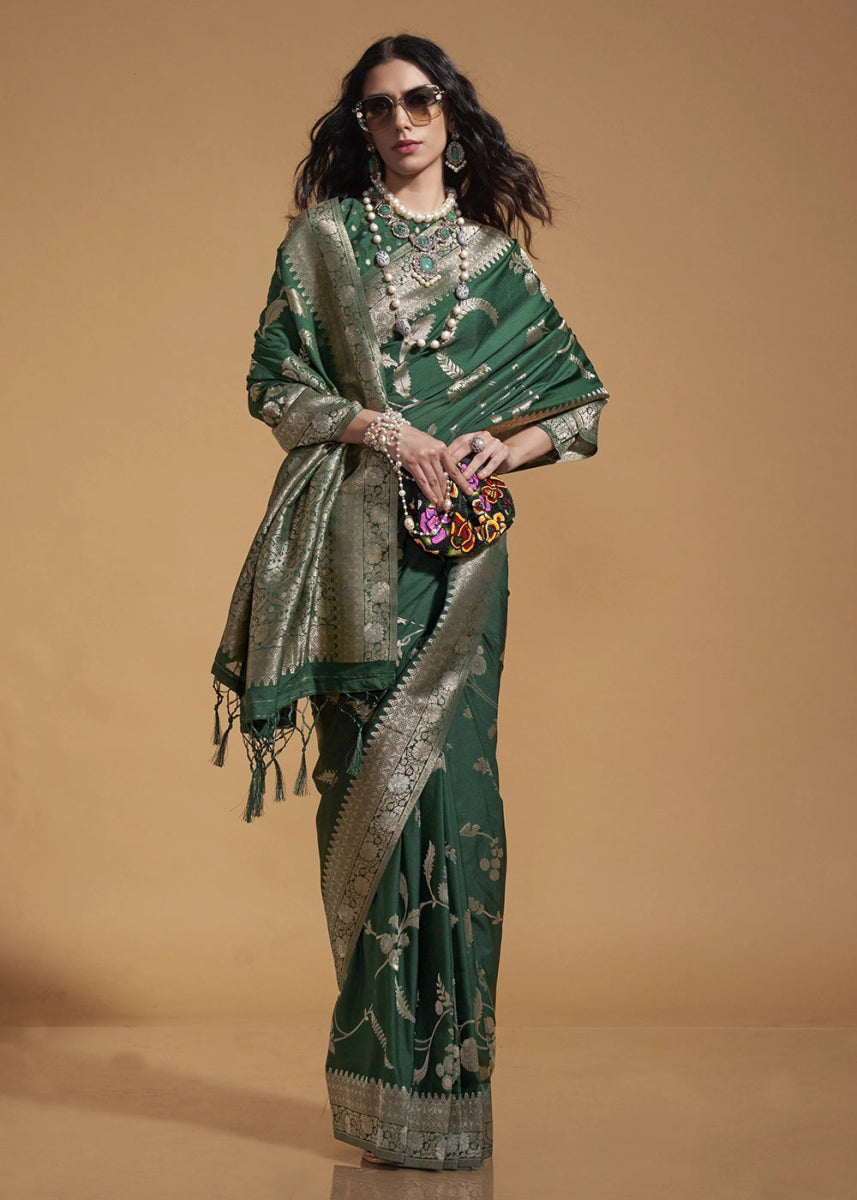 Phthalo Green Georgette Silk Saree Embellished with Floral Zari Work - House of Sarvati LLC