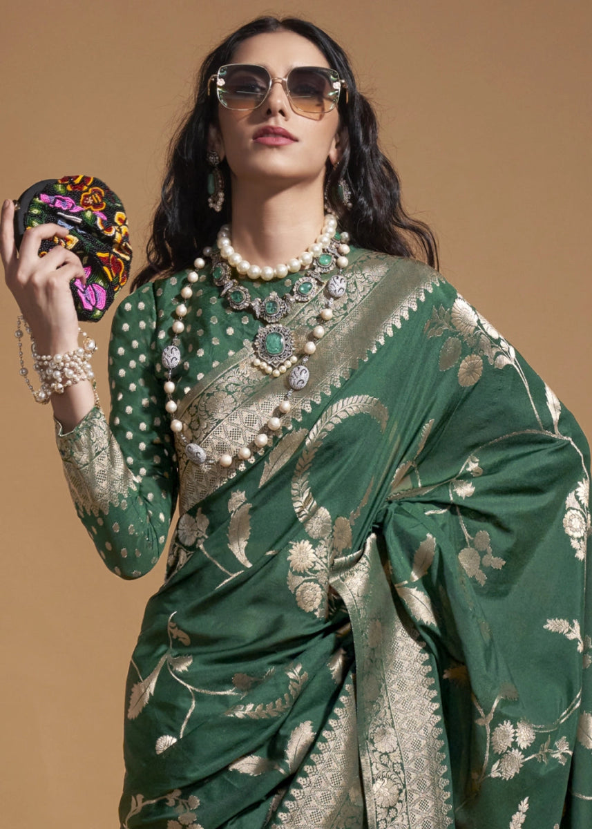 Phthalo Green Georgette Silk Saree Embellished with Floral Zari Work - House of Sarvati LLC