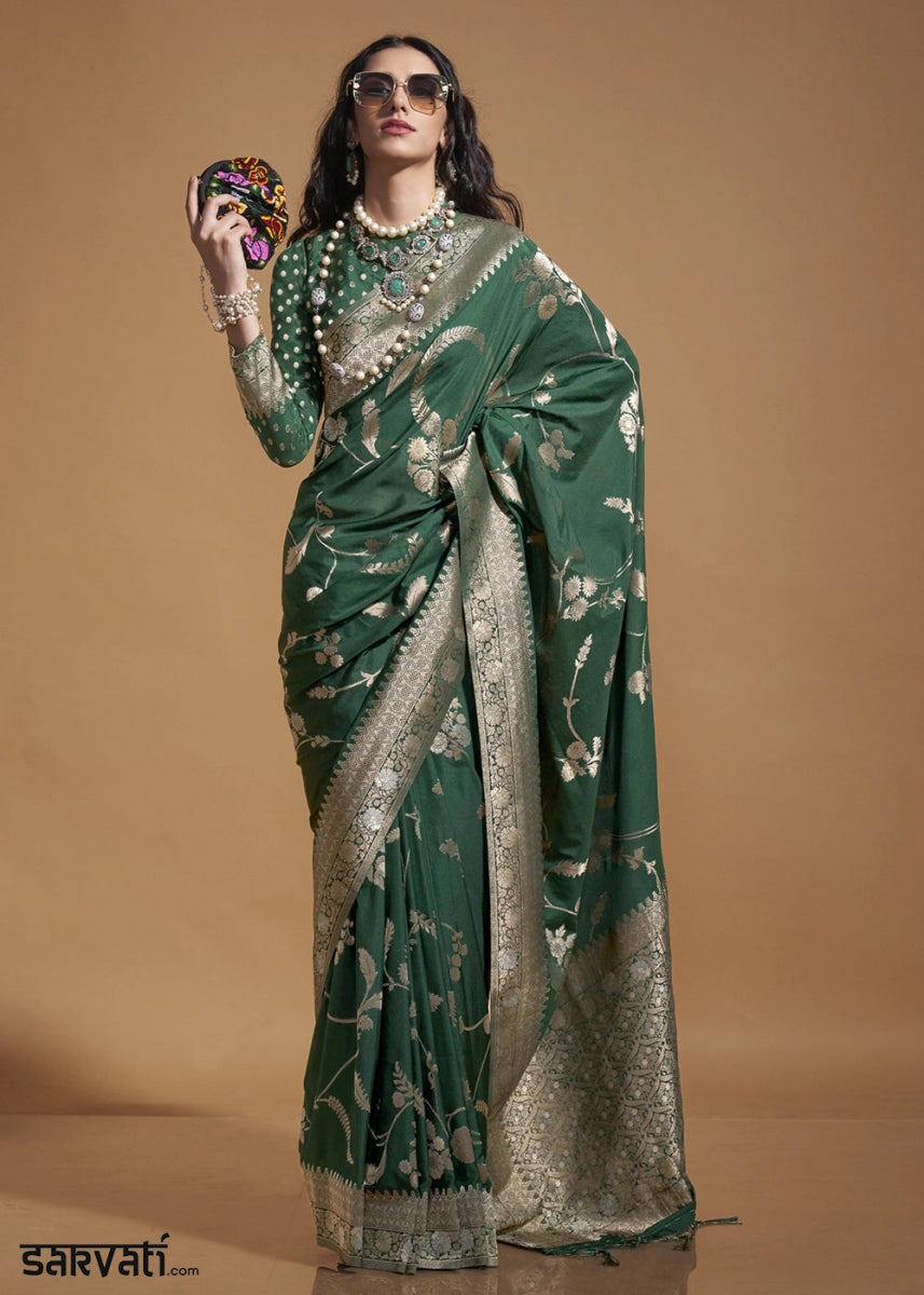 Phthalo Green Georgette Silk Saree Embellished with Floral Zari Work - House of Sarvati LLC