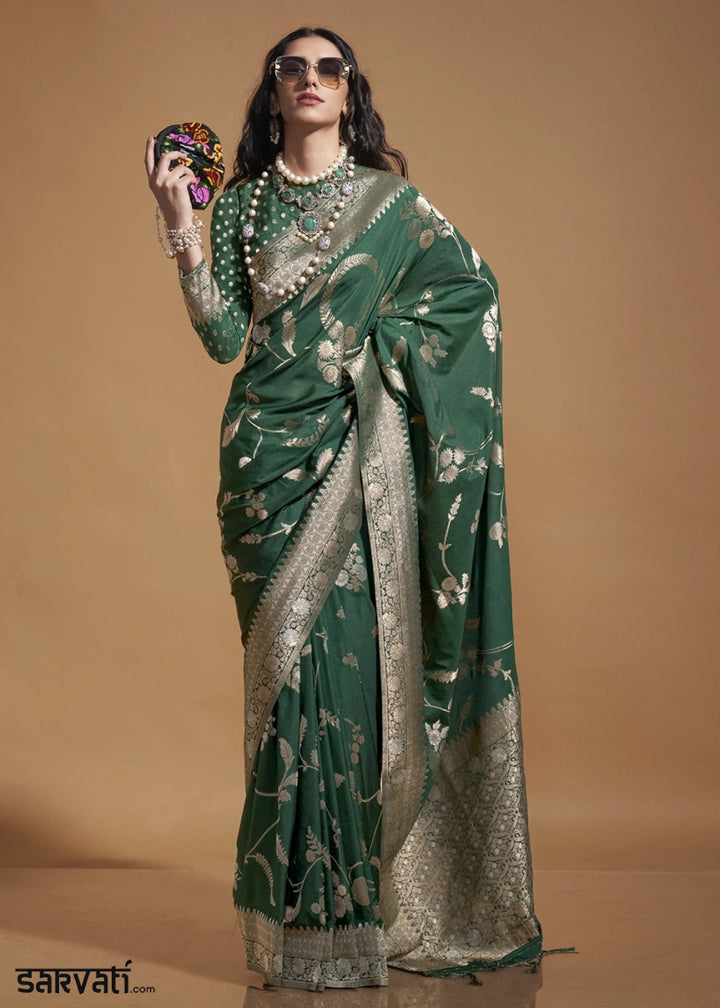 Phthalo Green Georgette Silk Saree Embellished with Floral Zari Work - House of Sarvati LLC