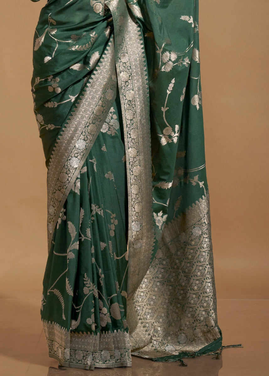 Phthalo Green Georgette Silk Saree Embellished with Floral Zari Work - House of Sarvati LLC