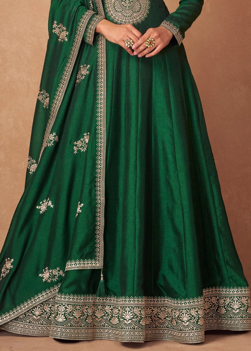 Phthalo Green Silk Anarkali Gown with Handcrafted Embroidery - House of Sarvati LLC