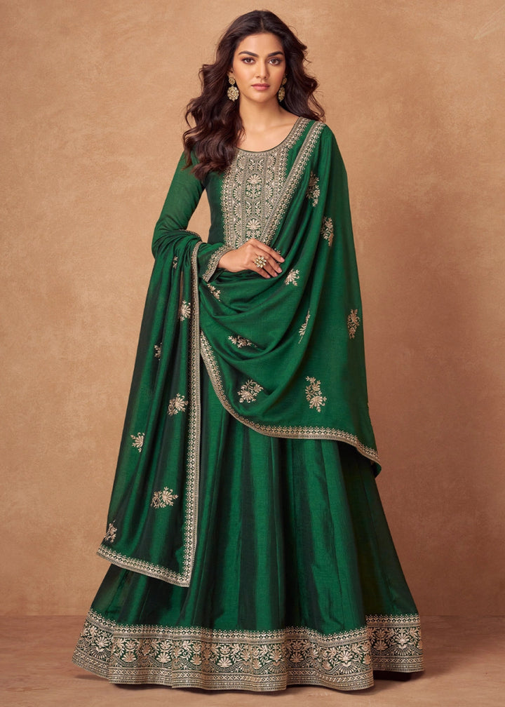Phthalo Green Silk Anarkali Gown with Handcrafted Embroidery - House of Sarvati LLC