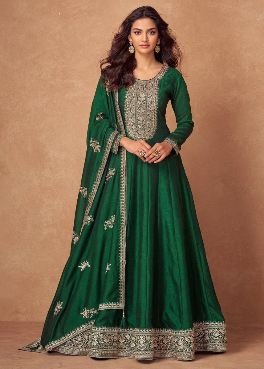 Phthalo Green Silk Anarkali Gown with Handcrafted Embroidery - House of Sarvati LLC