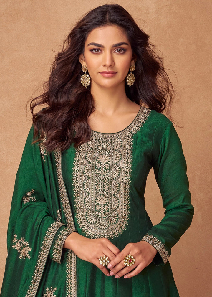 Phthalo Green Silk Anarkali Gown with Handcrafted Embroidery - House of Sarvati LLC