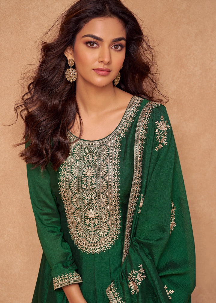 Phthalo Green Silk Anarkali Gown with Handcrafted Embroidery - House of Sarvati LLC