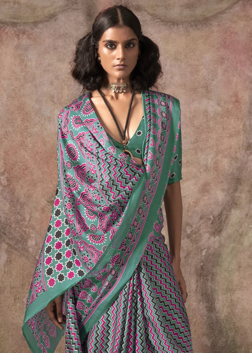 Pine Green Printed Satin Georgette Saree with Ajrakh & Bandhani Patterns - House of Sarvati LLC