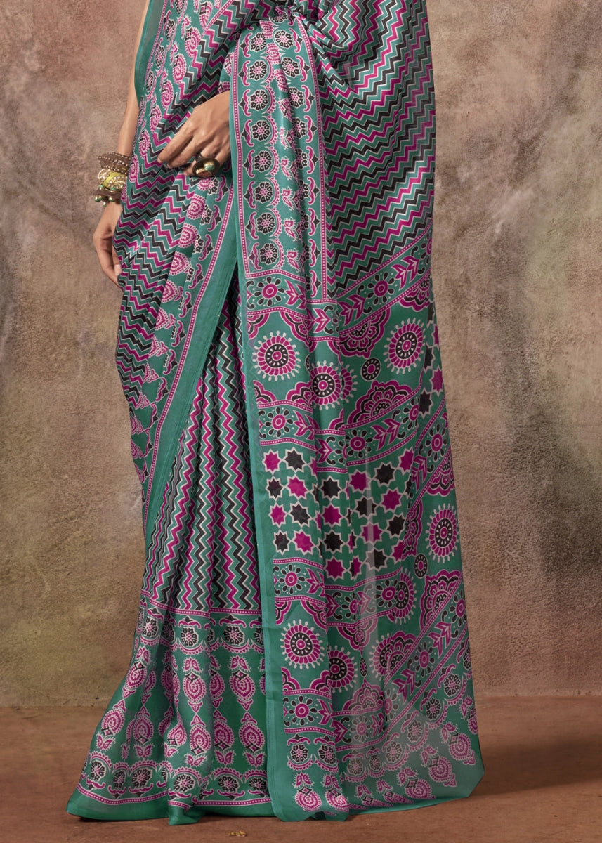 Pine Green Printed Satin Georgette Saree with Ajrakh & Bandhani Patterns - House of Sarvati LLC