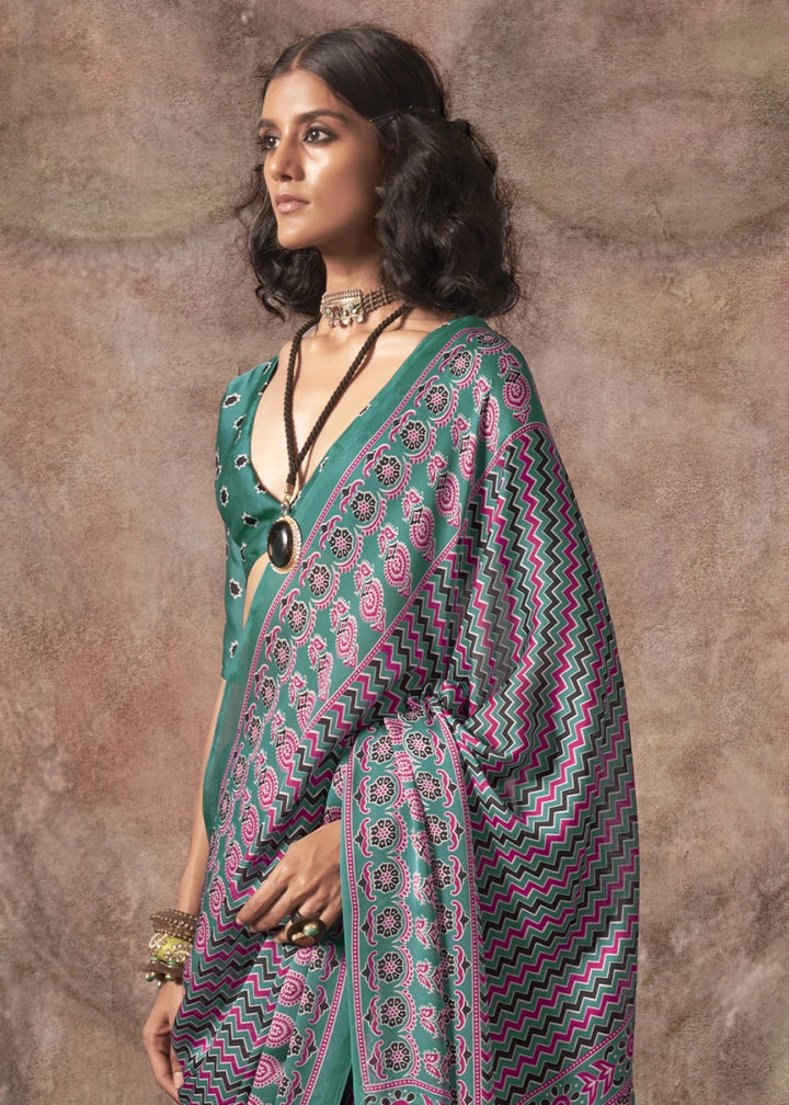 Pine Green Printed Satin Georgette Saree with Ajrakh & Bandhani Patterns - House of Sarvati LLC
