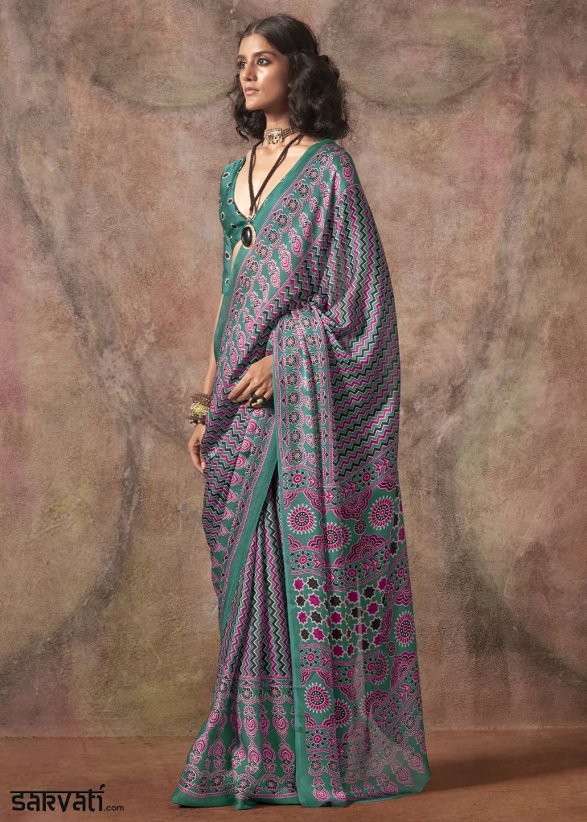 Pine Green Printed Satin Georgette Saree with Ajrakh & Bandhani Patterns - House of Sarvati LLC