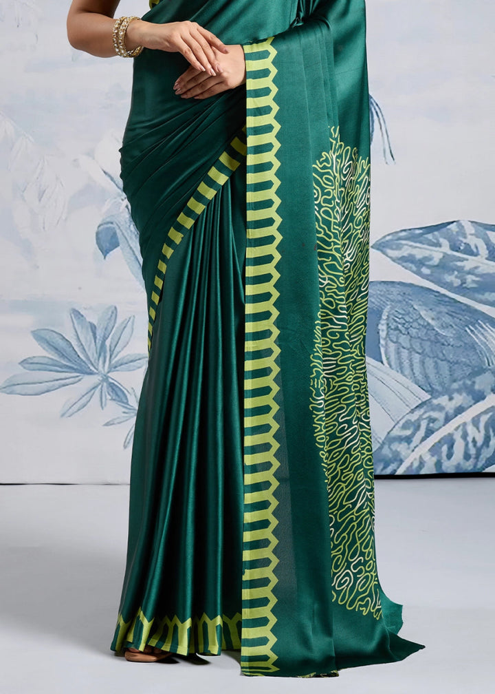 Pine Green Saree in Modal Satin with Classic Ajrakh Print - House of Sarvati LLC