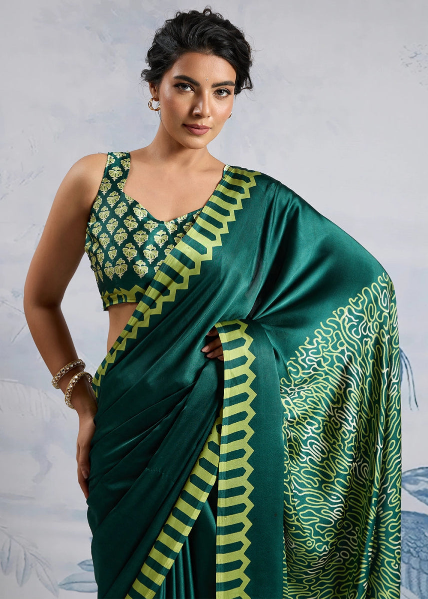 Pine Green Saree in Modal Satin with Classic Ajrakh Print - House of Sarvati LLC