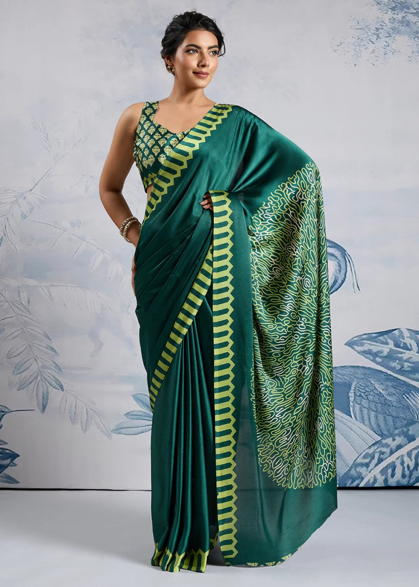 Pine Green Saree in Modal Satin with Classic Ajrakh Print - House of Sarvati LLC