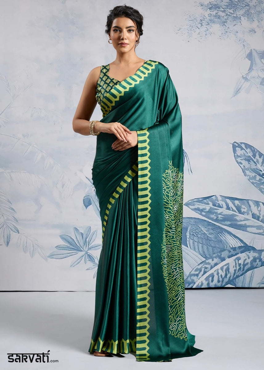 Pine Green Saree in Modal Satin with Classic Ajrakh Print - House of Sarvati LLC