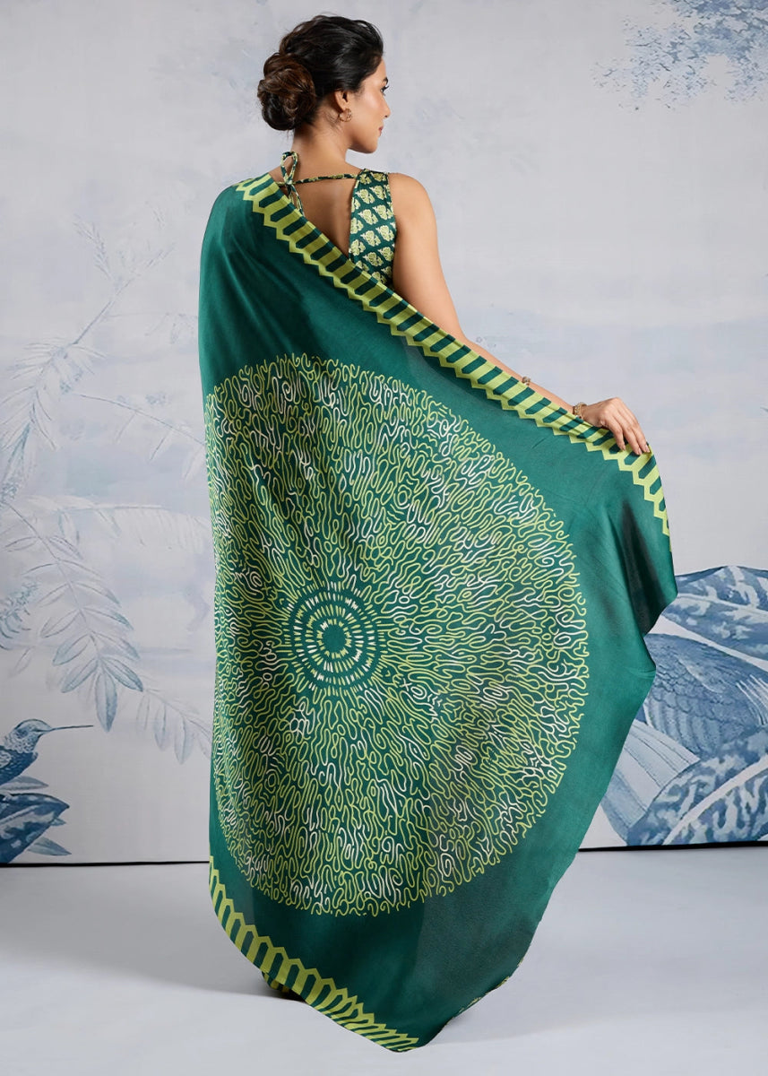 Pine Green Saree in Modal Satin with Classic Ajrakh Print - House of Sarvati LLC