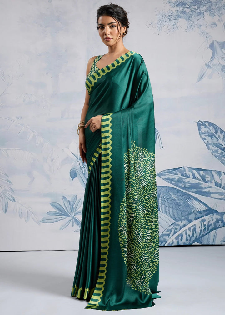 Pine Green Saree in Modal Satin with Classic Ajrakh Print - House of Sarvati LLC