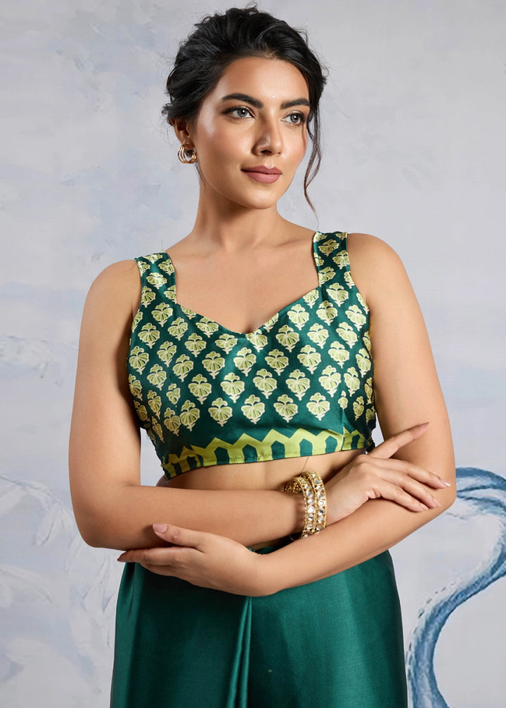 Pine Green Saree in Modal Satin with Classic Ajrakh Print - House of Sarvati LLC