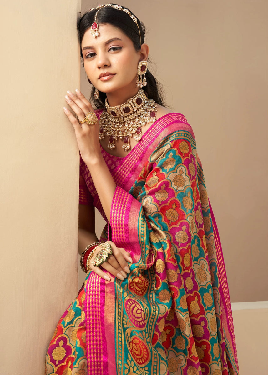 Pink & Blue Handwoven Zari Georgette Silk Saree - House of Sarvati LLC