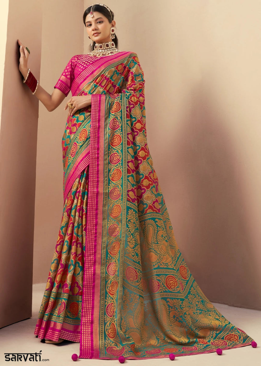 Pink & Blue Handwoven Zari Georgette Silk Saree - House of Sarvati LLC