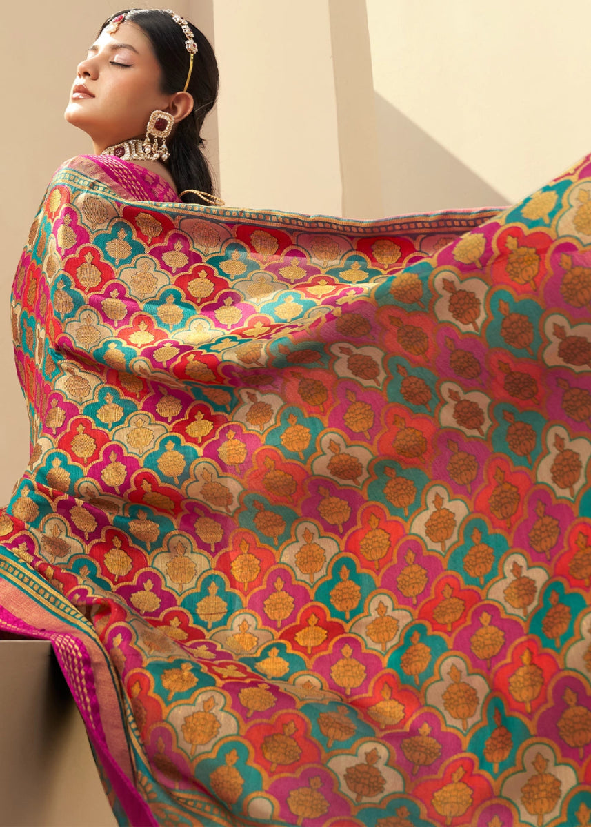 Pink & Blue Handwoven Zari Georgette Silk Saree - House of Sarvati LLC