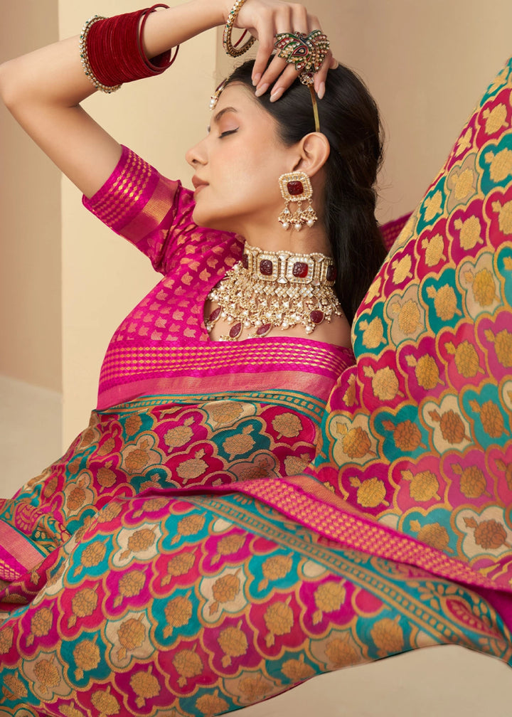 Pink & Blue Handwoven Zari Georgette Silk Saree - House of Sarvati LLC