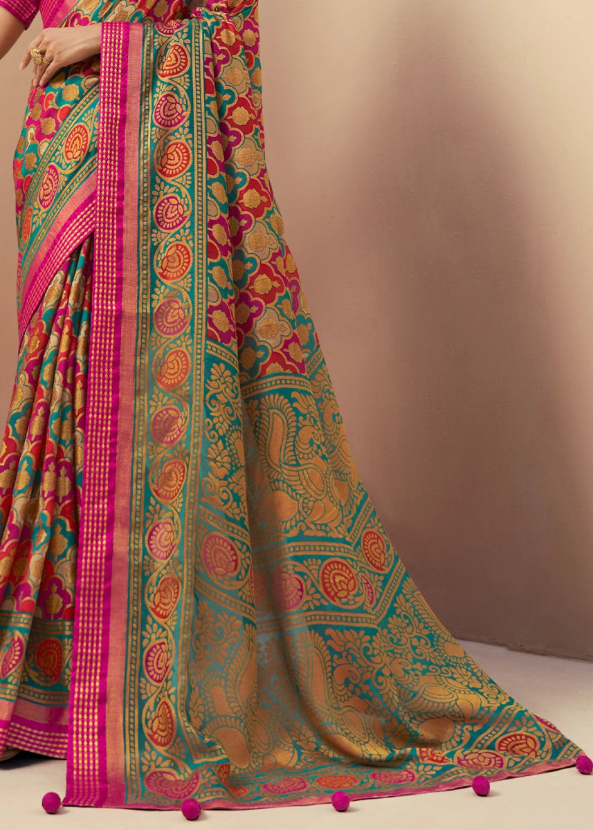 Pink & Blue Handwoven Zari Georgette Silk Saree - House of Sarvati LLC