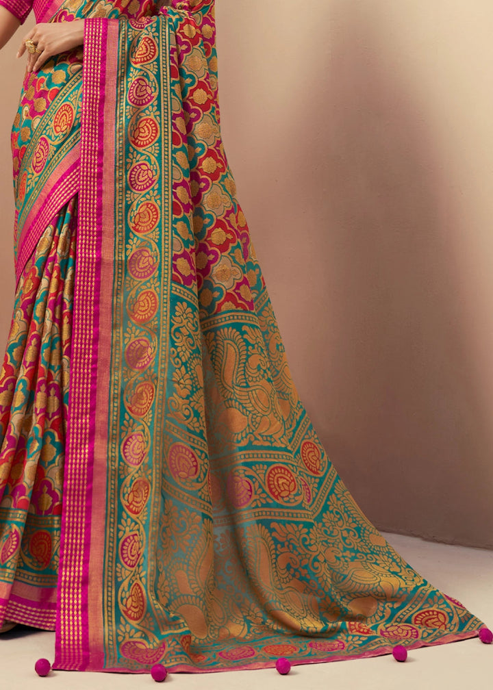Pink & Blue Handwoven Zari Georgette Silk Saree - House of Sarvati LLC