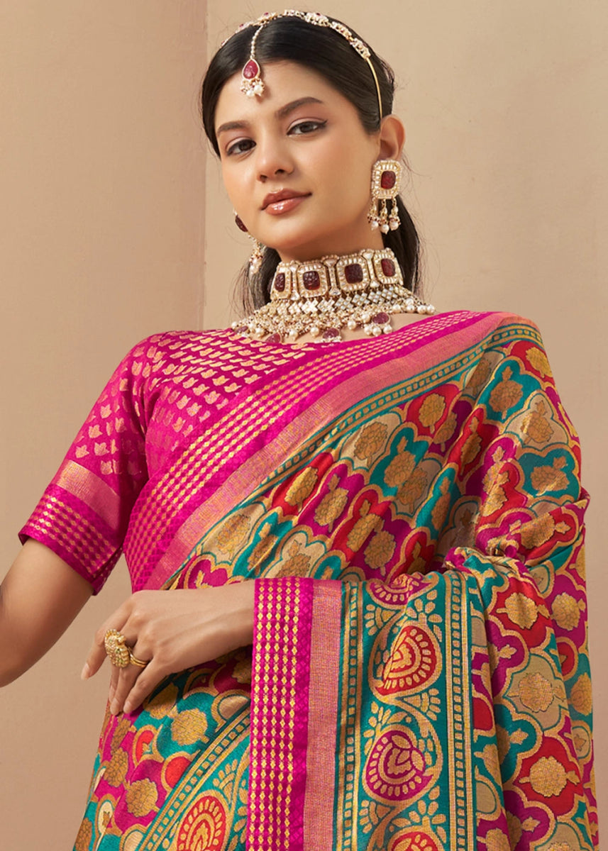 Pink & Blue Handwoven Zari Georgette Silk Saree - House of Sarvati LLC