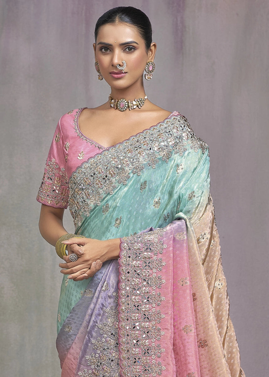 Pink & Blue kanjivaram Silk Saree with Intricate Mirror, Moti and Jarkan Embellishments - House of Sarvati LLC