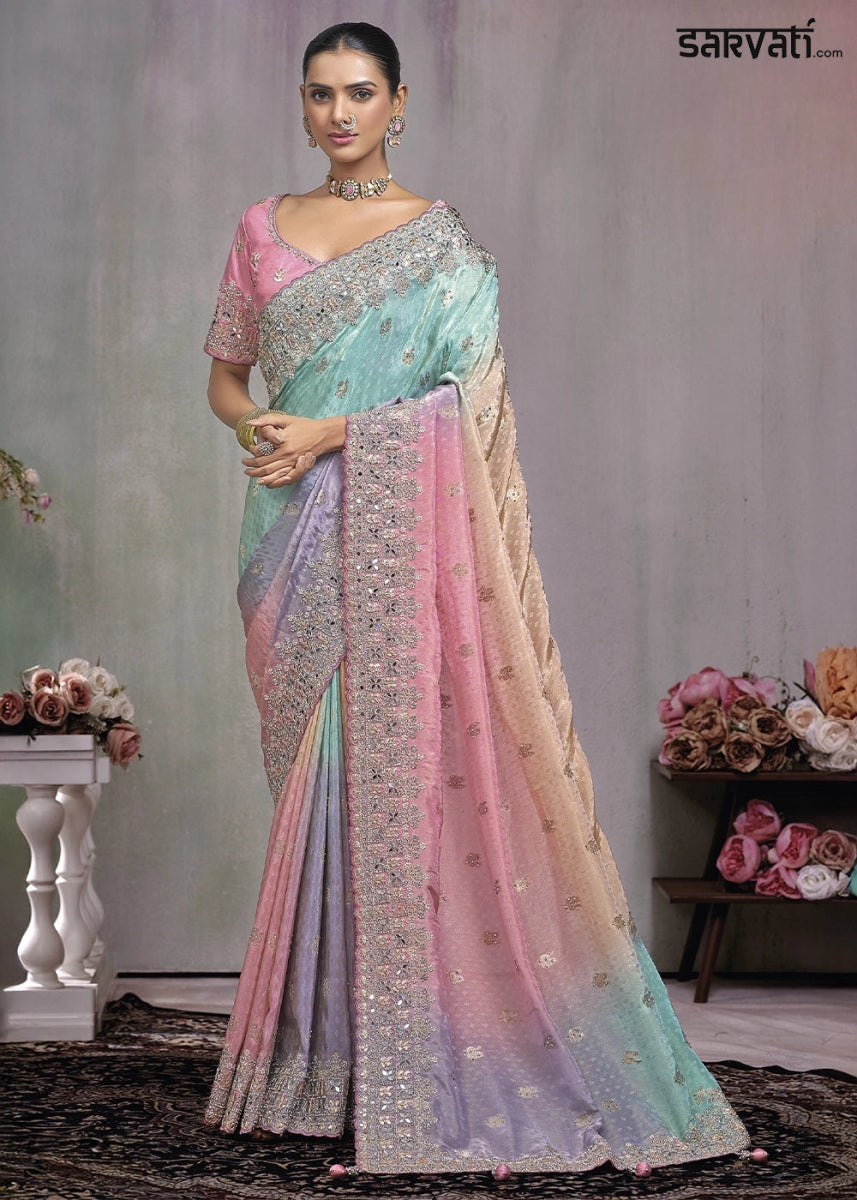 Pink & Blue kanjivaram Silk Saree with Intricate Mirror, Moti and Jarkan Embellishments - House of Sarvati LLC