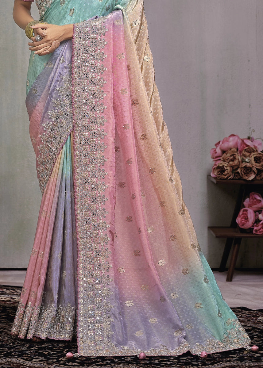 Pink & Blue kanjivaram Silk Saree with Intricate Mirror, Moti and Jarkan Embellishments - House of Sarvati LLC