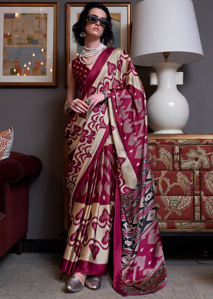 Pink & Cream Satin Crepe Saree with Traditional Patola Print - House of Sarvati LLC