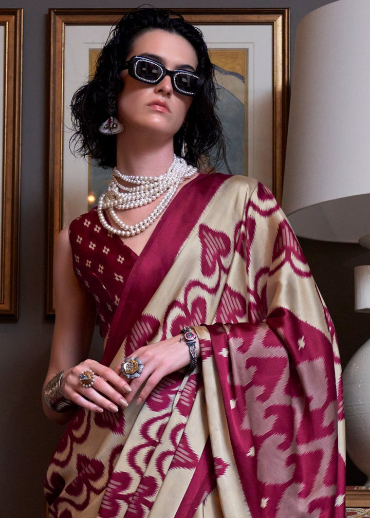 Pink & Cream Satin Crepe Saree with Traditional Patola Print - House of Sarvati LLC