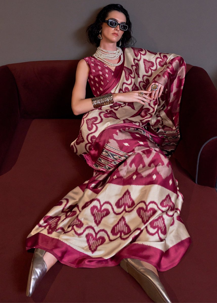 Pink & Cream Satin Crepe Saree with Traditional Patola Print - House of Sarvati LLC
